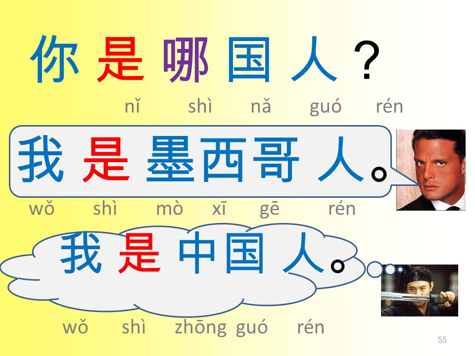 你 是 哪 国 人？ nǐ shì nǎ guó rén 我 是 墨西哥 人。 我 是 中国 人。 wǒ shì mò xī gē rén
