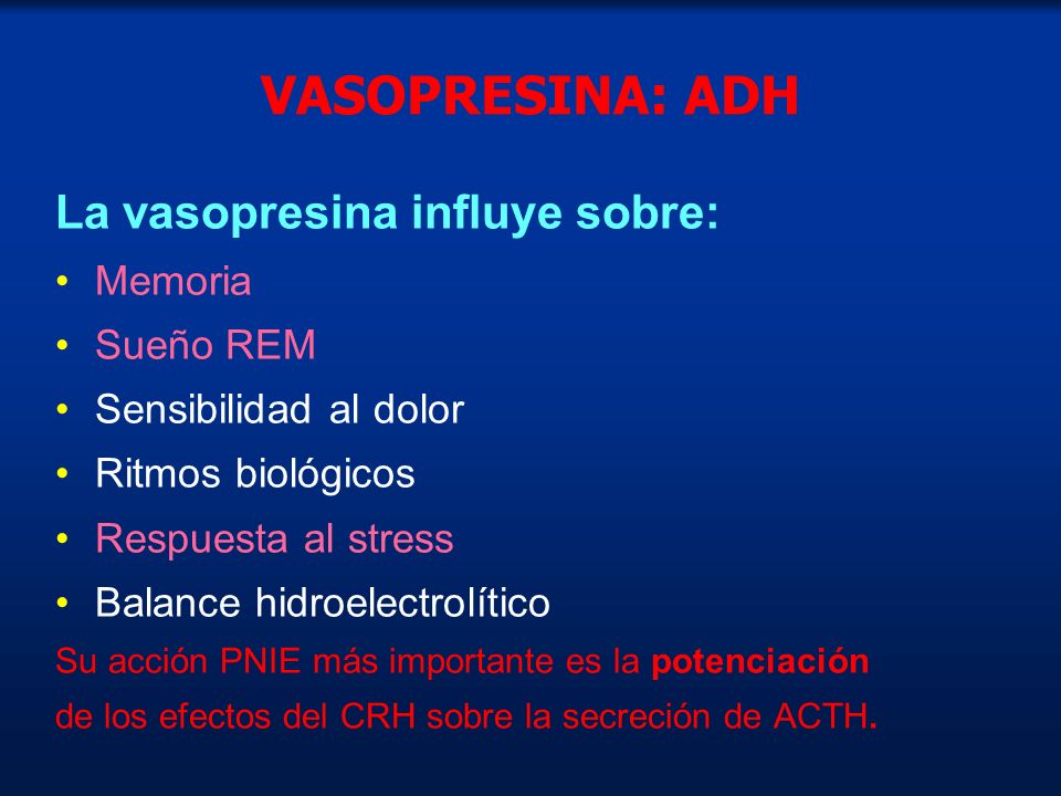 VASOPRESINA: ADH La vasopresina influye sobre: Memoria Sueño REM