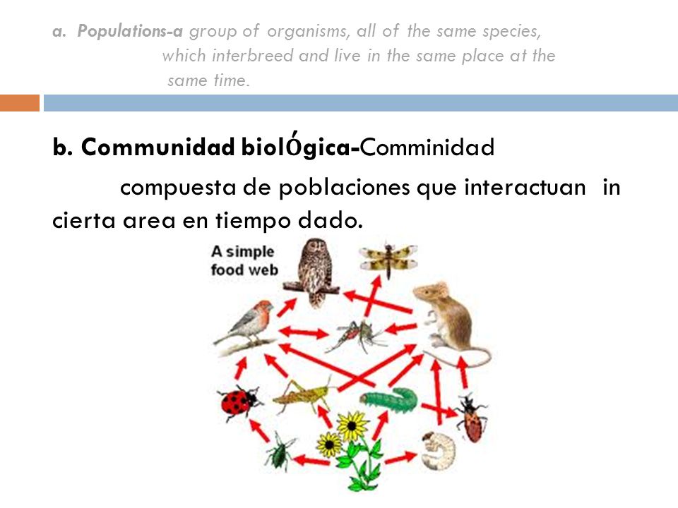 a. Populations-a group of organisms, all of the same species, which interbreed and live in the same place at the same time.
