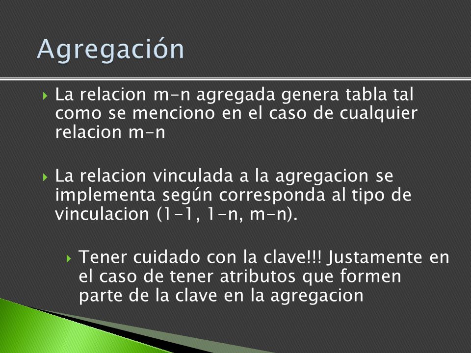 Agregación La relacion m-n agregada genera tabla tal como se menciono en el caso de cualquier relacion m-n.