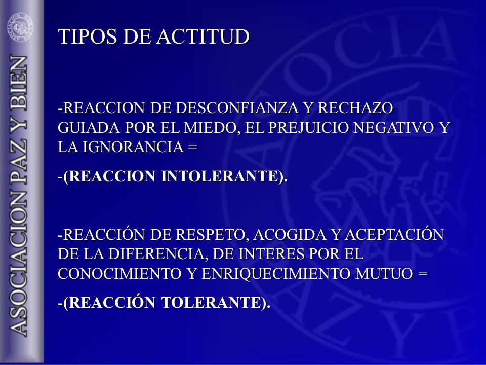 TIPOS DE ACTITUD REACCION DE DESCONFIANZA Y RECHAZO GUIADA POR EL MIEDO, EL PREJUICIO NEGATIVO Y LA IGNORANCIA =