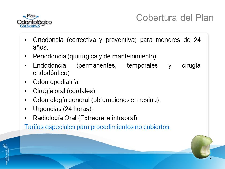 Cobertura del Plan Ortodoncia (correctiva y preventiva) para menores de 24 años. Periodoncia (quirúrgica y de mantenimiento)