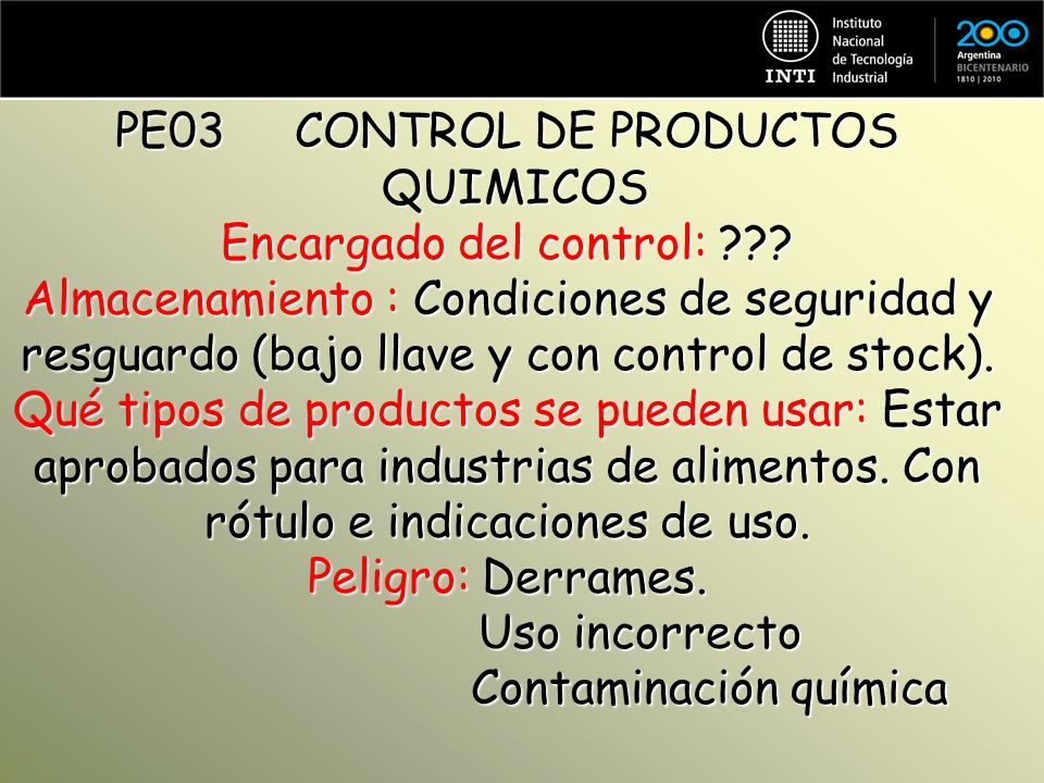 PE03 CONTROL DE PRODUCTOS QUIMICOS Encargado del control: