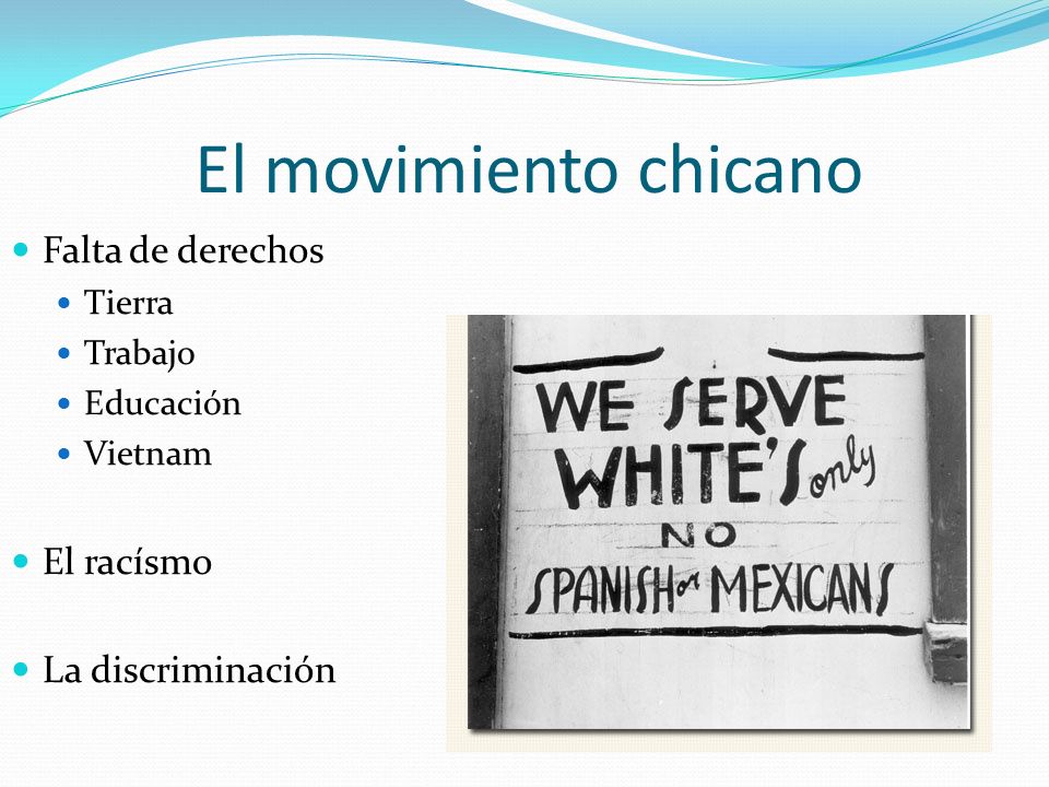 El movimiento chicano Falta de derechos El racísmo La discriminación