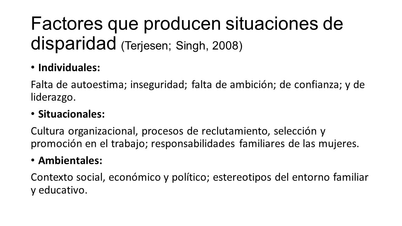 Factores que producen situaciones de disparidad (Terjesen; Singh, 2008)