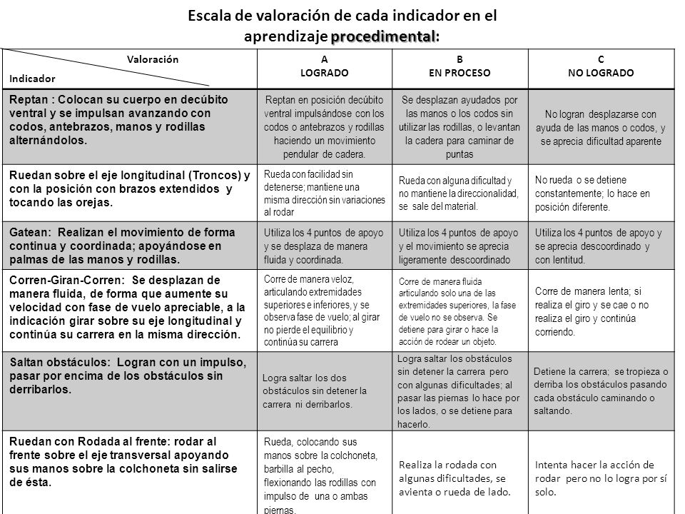 Escala de valoración de cada indicador en el aprendizaje procedimental: