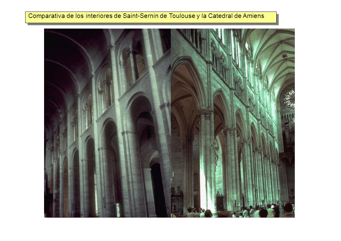 Comparativa de los interiores de Saint-Sernin de Toulouse y la Catedral de Amiens
