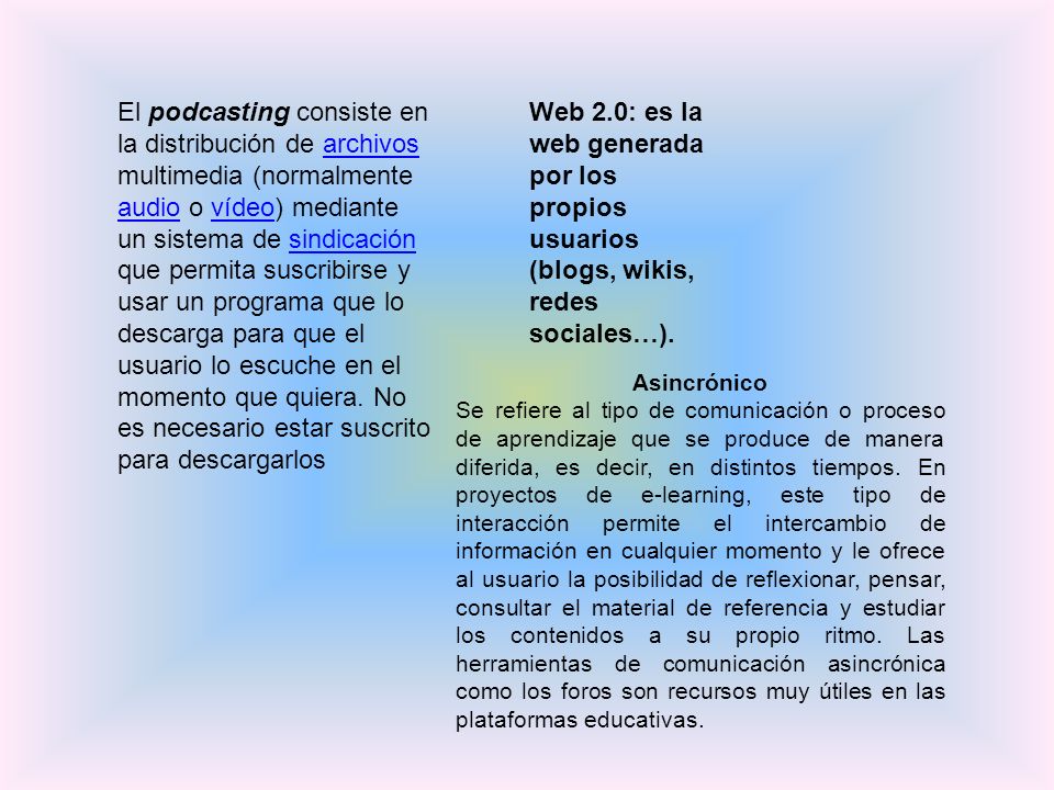 El podcasting consiste en la distribución de archivos multimedia (normalmente audio o vídeo) mediante un sistema de sindicación que permita suscribirse y usar un programa que lo descarga para que el usuario lo escuche en el momento que quiera. No es necesario estar suscrito para descargarlos