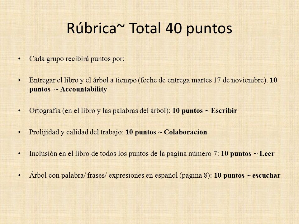 Rúbrica~ Total 40 puntos Cada grupo recibirá puntos por: