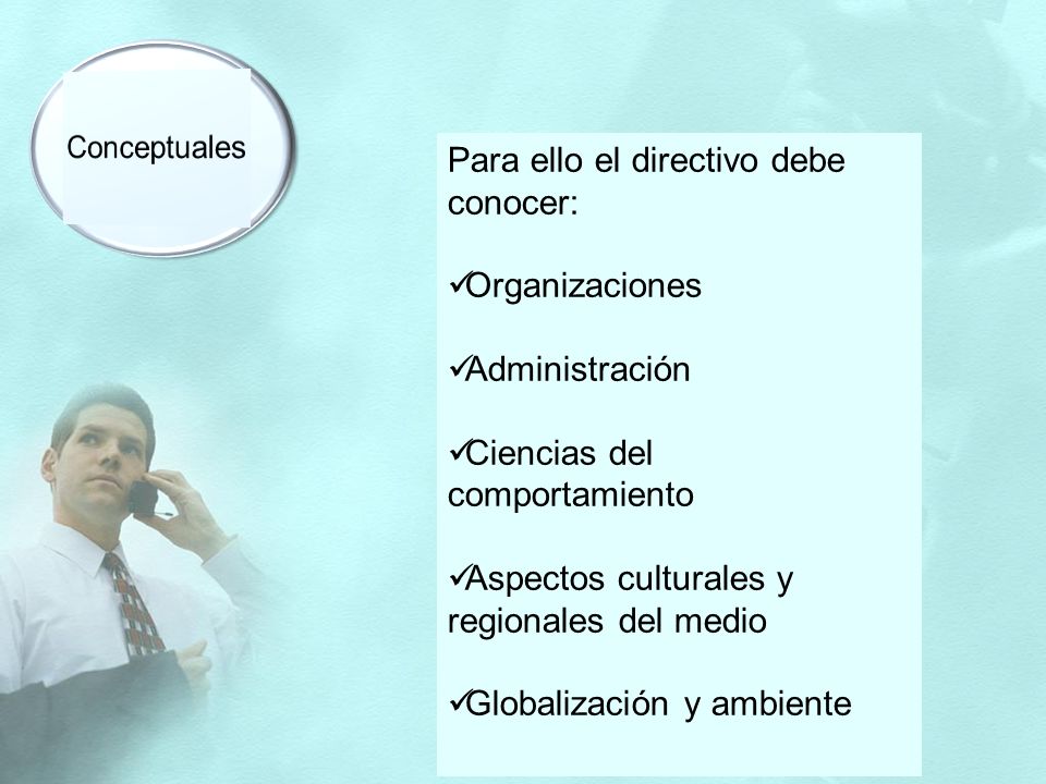 Conceptuales Para ello el directivo debe conocer: Organizaciones. Administración. Ciencias del comportamiento.
