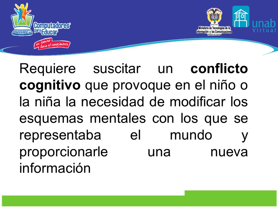 Requiere suscitar un conflicto cognitivo que provoque en el niño o la niña la necesidad de modificar los esquemas mentales con los que se representaba el mundo y proporcionarle una nueva información