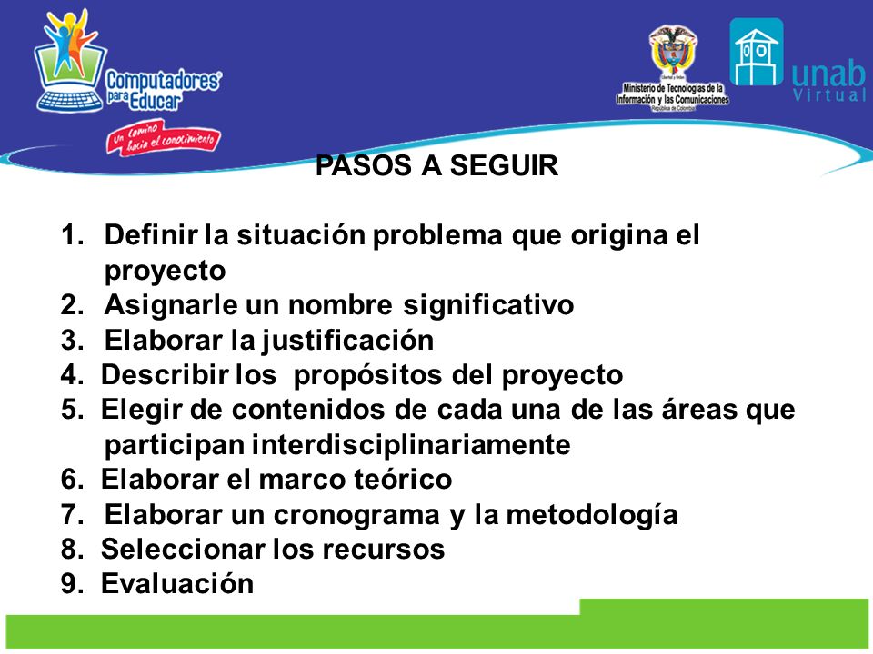 PASOS A SEGUIR Definir la situación problema que origina el proyecto. Asignarle un nombre significativo.
