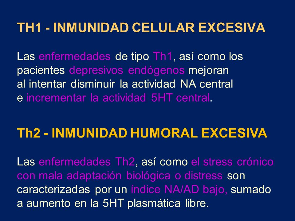 TH1 - INMUNIDAD CELULAR EXCESIVA Las enfermedades de tipo Th1, así como los pacientes depresivos endógenos mejoran al intentar disminuir la actividad NA central e incrementar la actividad 5HT central.
