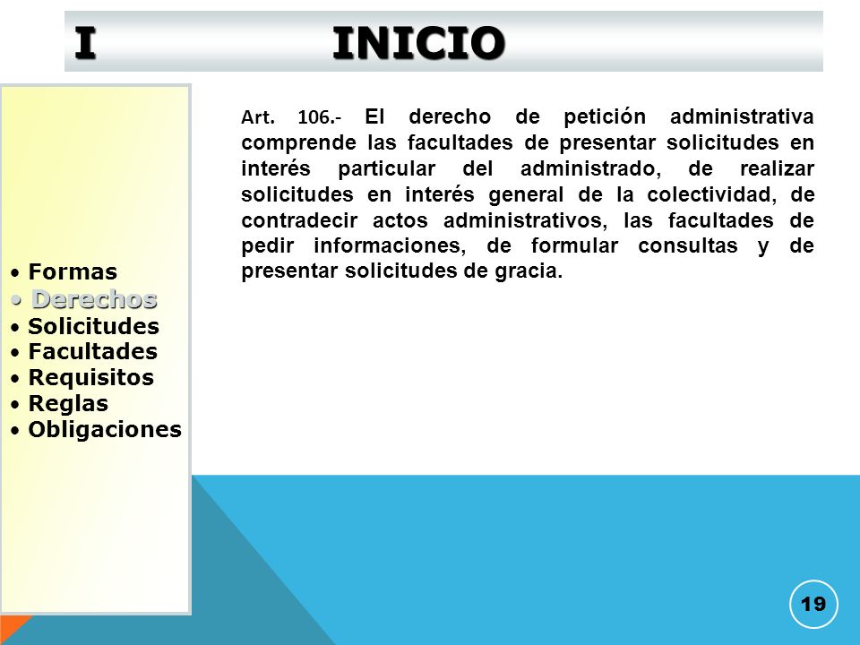 I INICIO Formas. Derechos. Solicitudes. Facultades. Requisitos. Reglas. Obligaciones.