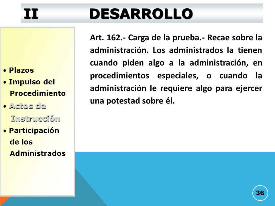II DESARROLLO Plazos. Impulso del. Procedimiento. Actos de. Instrucción. Participación. de los.
