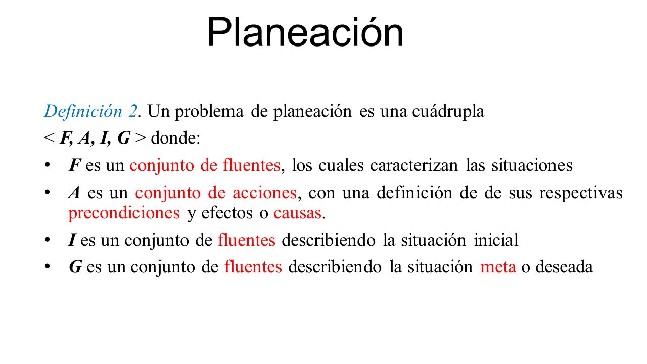 Planeación Definición 2. Un problema de planeación es una cuádrupla