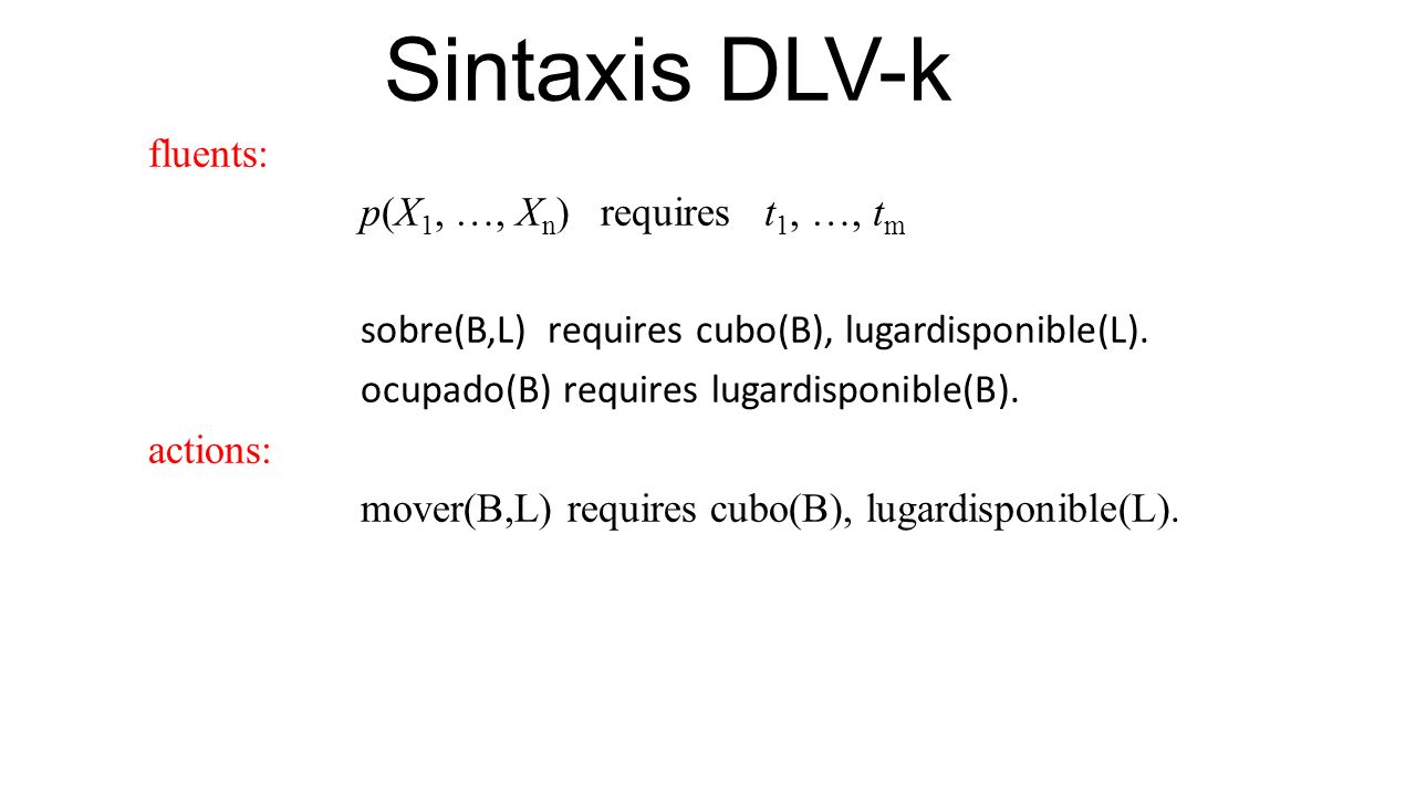 Sintaxis DLV-k fluents: p(X1, …, Xn) requires t1, …, tm