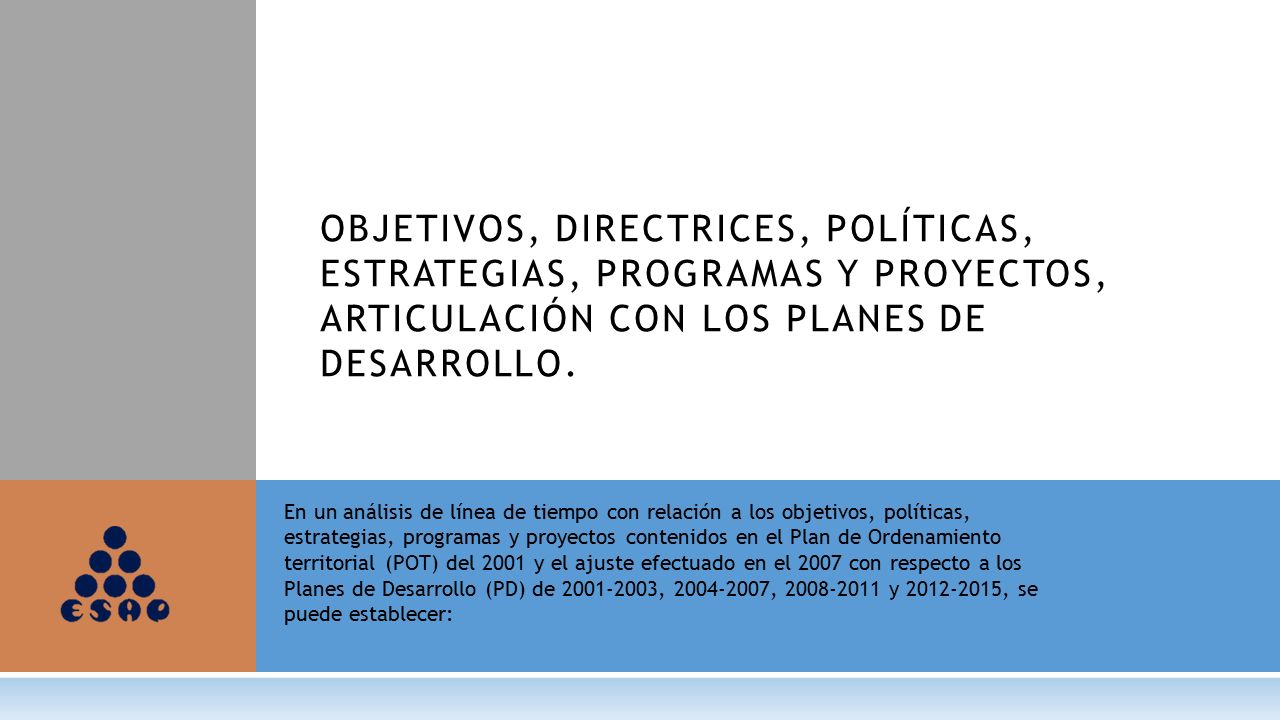 OBJETIVOS, DIRECTRICES, POLÍTICAS, ESTRATEGIAS, PROGRAMAS Y PROYECTOS, ARTICULACIÓN CON LOS PLANES DE DESARROLLO.