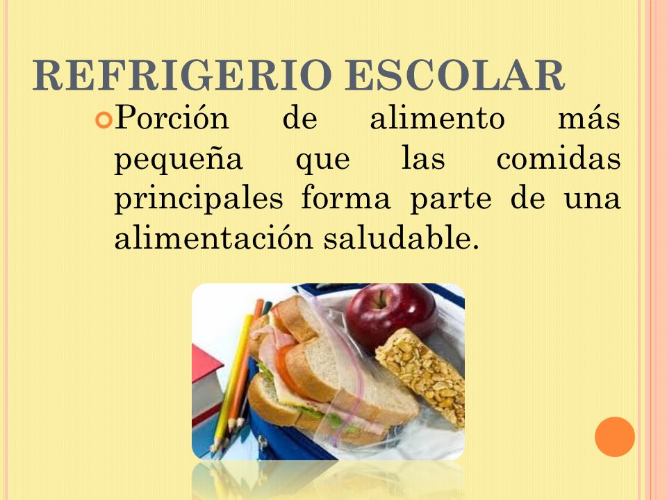 REFRIGERIO ESCOLAR Porción de alimento más pequeña que las comidas principales forma parte de una alimentación saludable.