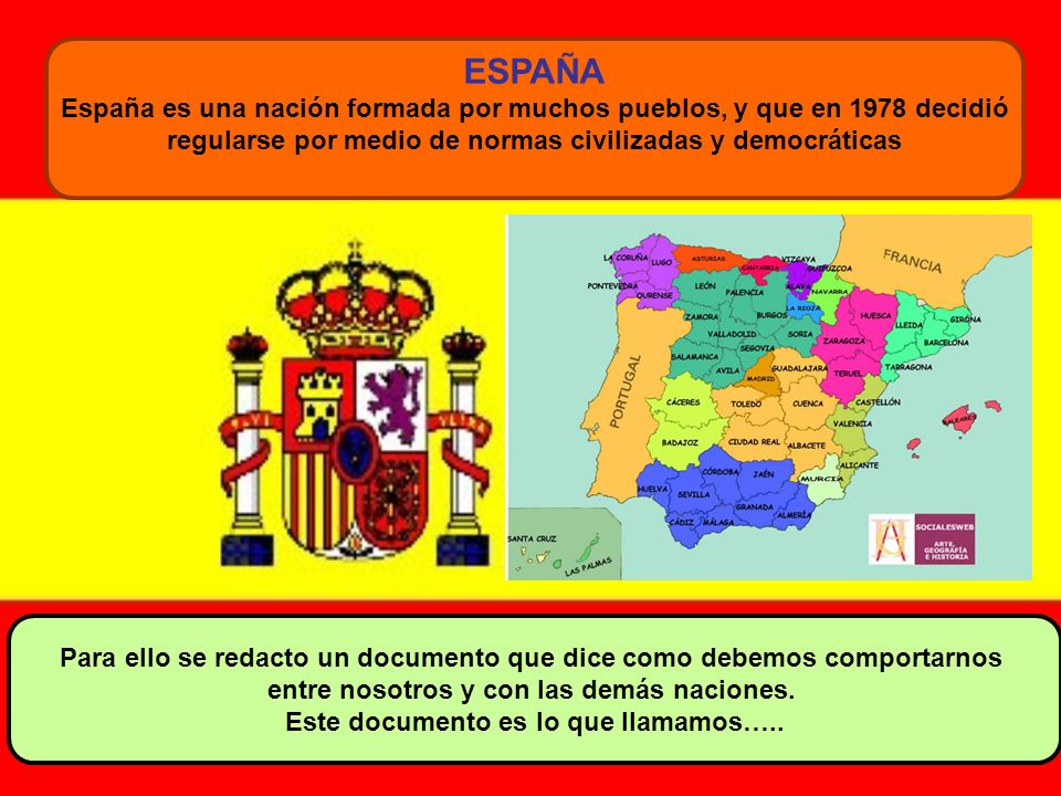 ESPAÑA España es una nación formada por muchos pueblos, y que en 1978 decidió. regularse por medio de normas civilizadas y democráticas.