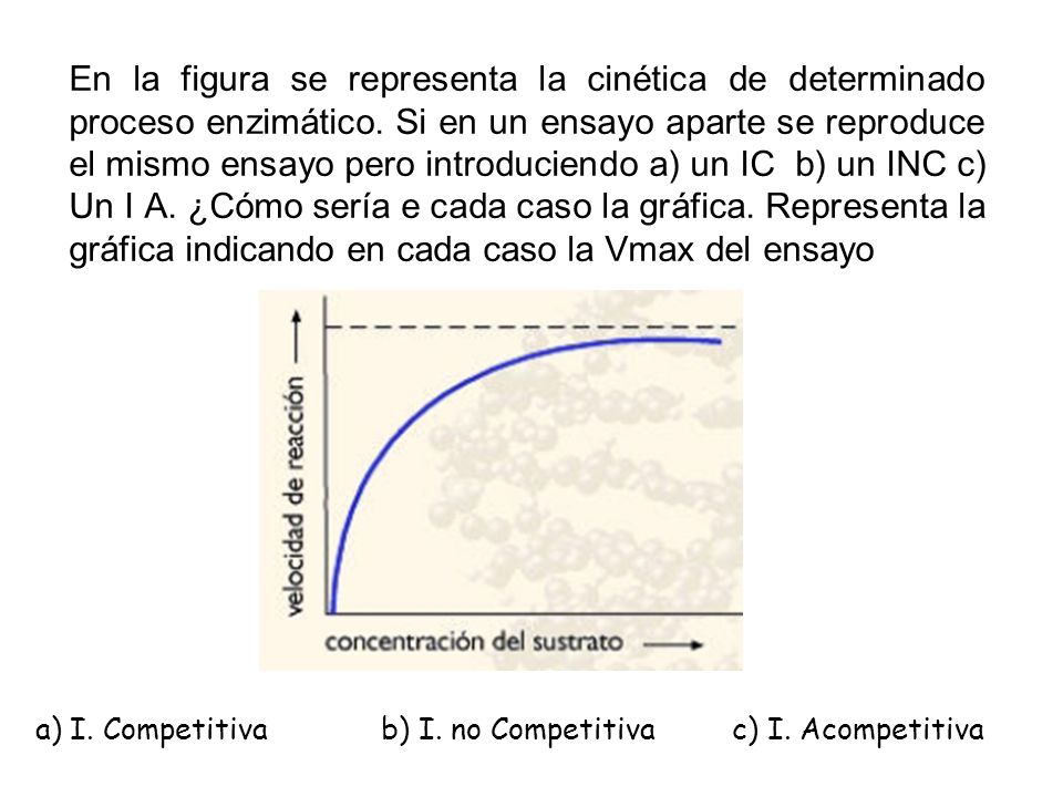 En la figura se representa la cinética de determinado proceso enzimático. Si en un ensayo aparte se reproduce el mismo ensayo pero introduciendo a) un IC b) un INC c) Un I A. ¿Cómo sería e cada caso la gráfica. Representa la gráfica indicando en cada caso la Vmax del ensayo