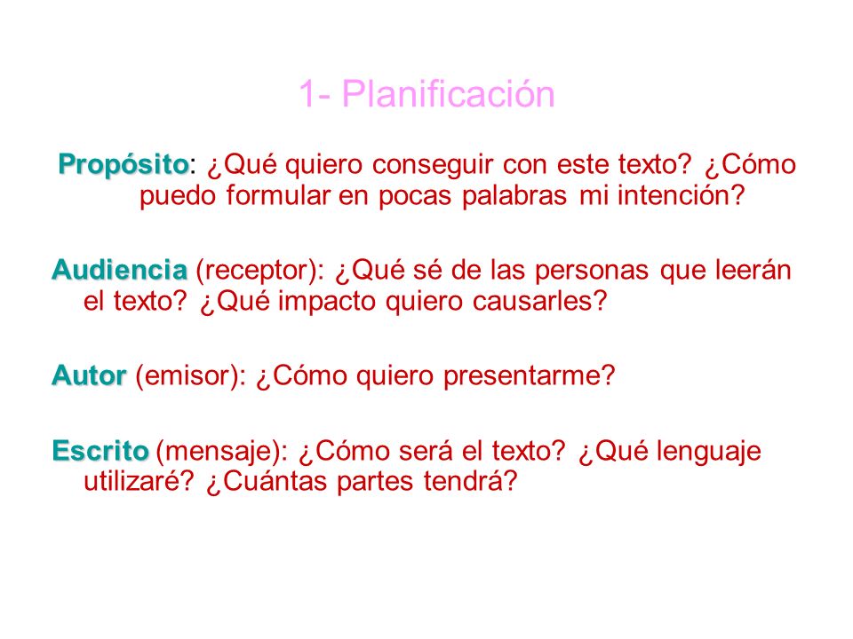 1- Planificación Propósito: ¿Qué quiero conseguir con este texto ¿Cómo puedo formular en pocas palabras mi intención