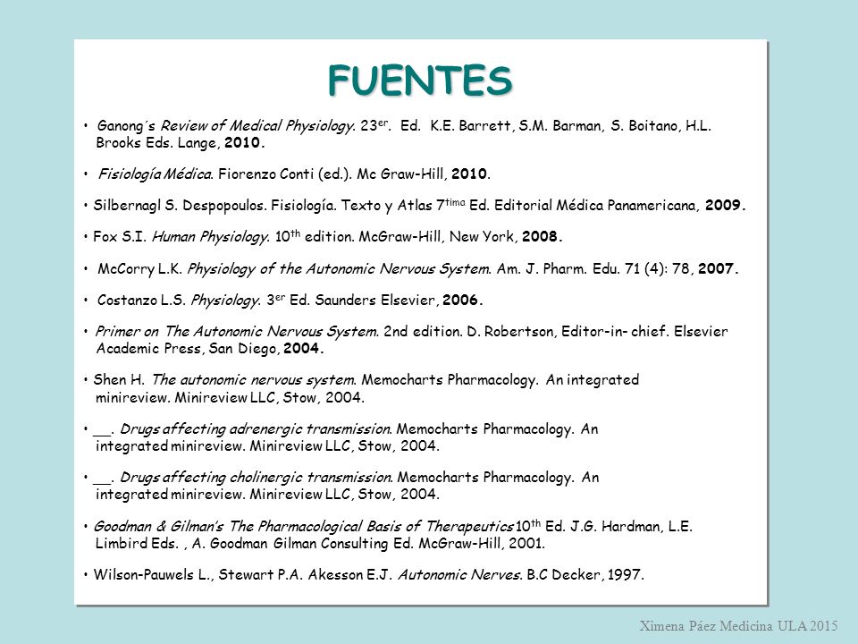FUENTES Ganong´s Review of Medical Physiology. 23er. Ed. K.E. Barrett, S.M. Barman, S. Boitano, H.L.