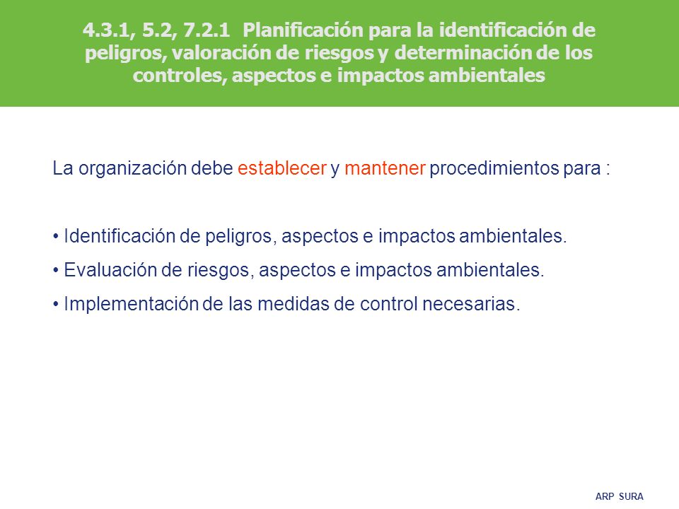 4.3.1, 5.2, Planificación para la identificación de peligros, valoración de riesgos y determinación de los controles, aspectos e impactos ambientales