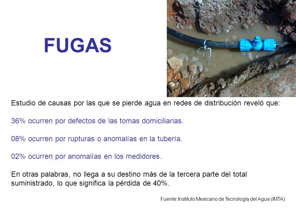 FUGAS Estudio de causas por las que se pierde agua en redes de distribución reveló que: 36% ocurren por defectos de las tomas domiciliarias.