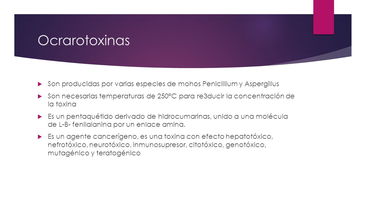 Ocrarotoxinas Son producidas por varias especies de mohos Penicillium y Aspergillus.
