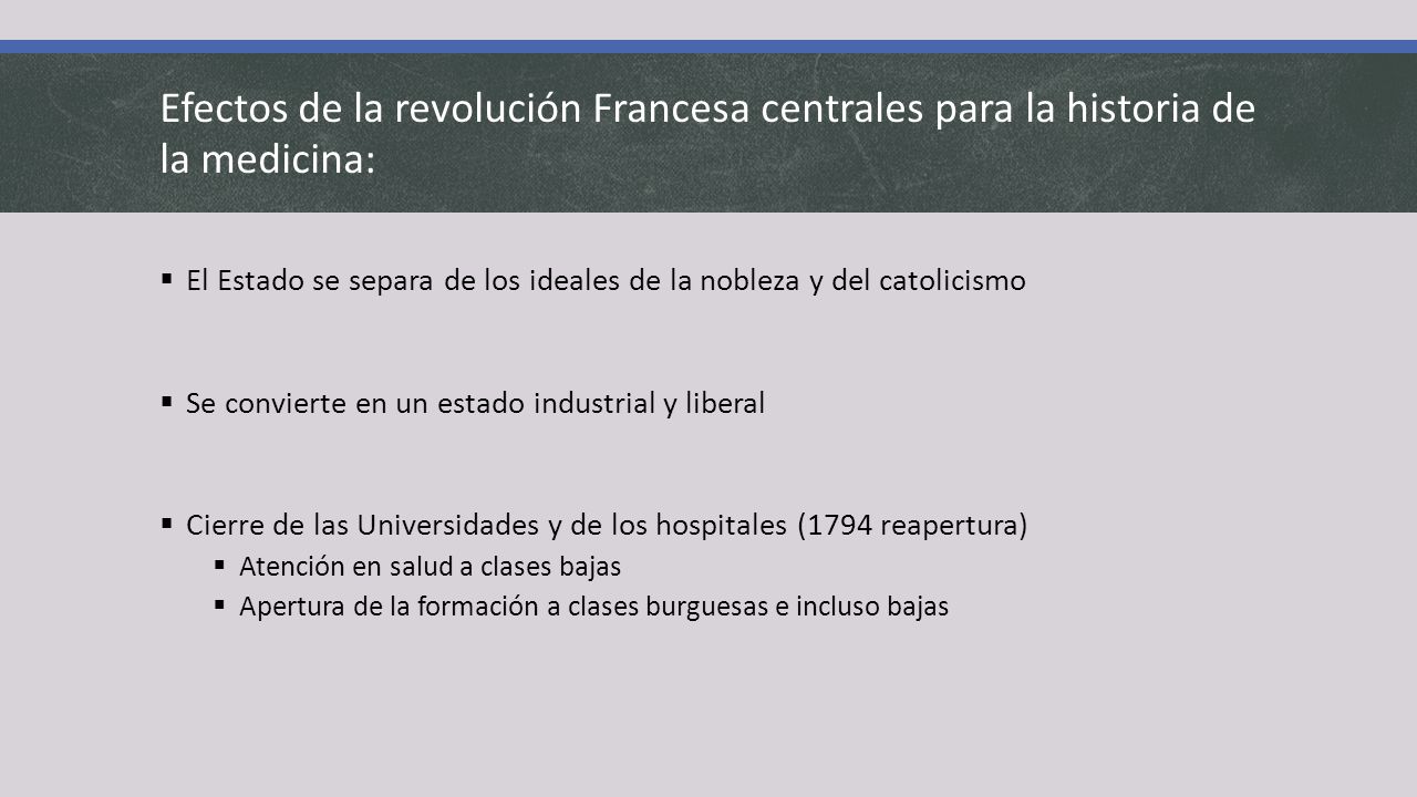 Efectos de la revolución Francesa centrales para la historia de la medicina: