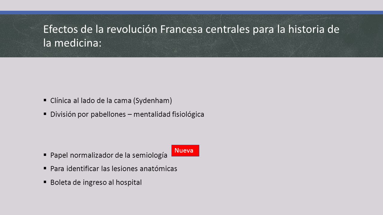 Efectos de la revolución Francesa centrales para la historia de la medicina: