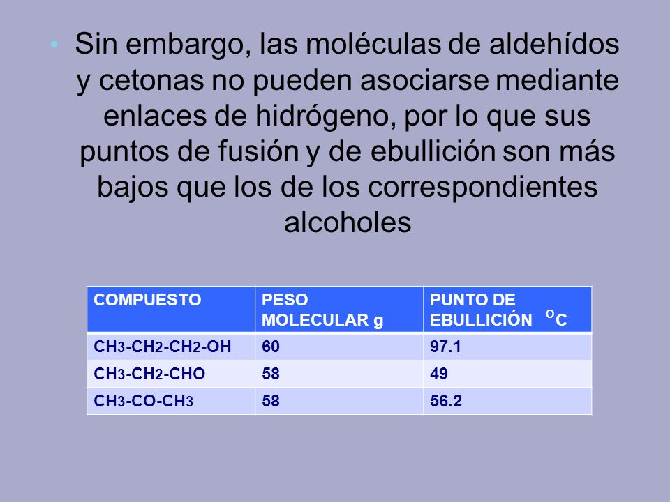 Sin embargo, las moléculas de aldehídos y cetonas no pueden asociarse mediante enlaces de hidrógeno, por lo que sus puntos de fusión y de ebullición son más bajos que los de los correspondientes alcoholes