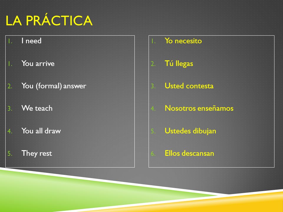 La práctica I need You arrive You (formal) answer We teach
