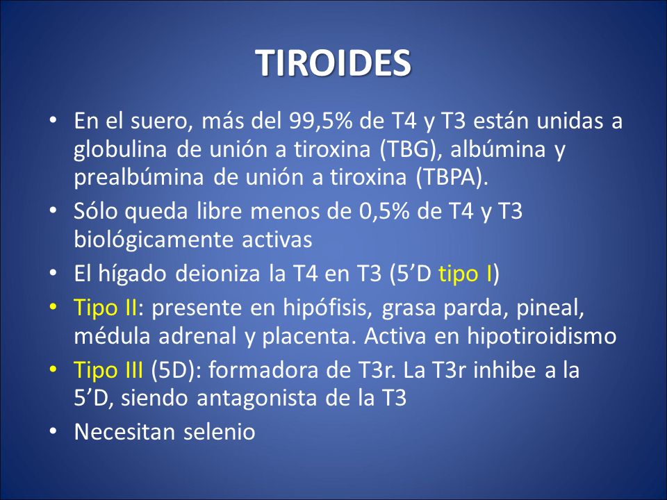 TIROIDES En el suero, más del 99,5% de T4 y T3 están unidas a globulina de unión a tiroxina (TBG), albúmina y prealbúmina de unión a tiroxina (TBPA).