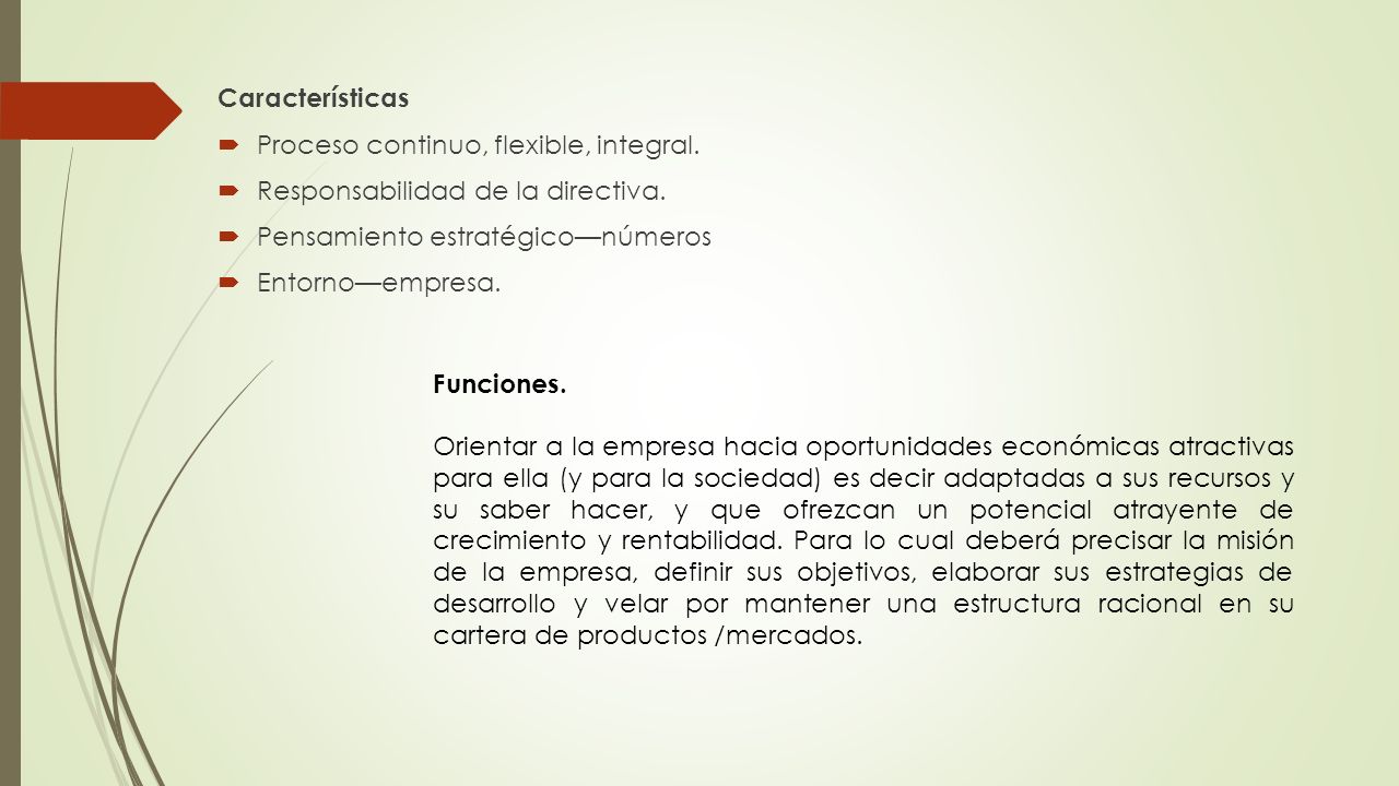 Características Proceso continuo, flexible, integral. Responsabilidad de la directiva. Pensamiento estratégico—números.