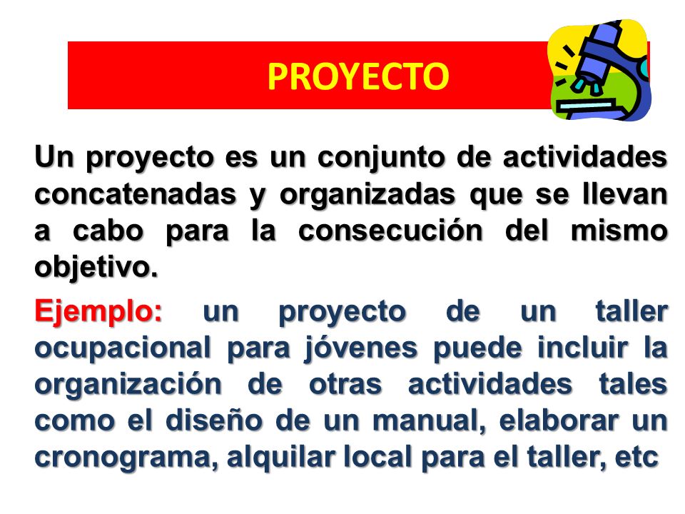 PROYECTO Un proyecto es un conjunto de actividades concatenadas y organizadas que se llevan a cabo para la consecución del mismo objetivo.