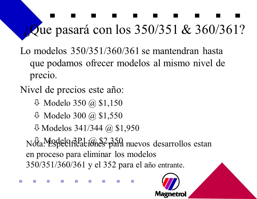 ¿Que pasará con los 350/351 & 360/361 Lo modelos 350/351/360/361 se mantendran hasta que podamos ofrecer modelos al mismo nivel de precio.