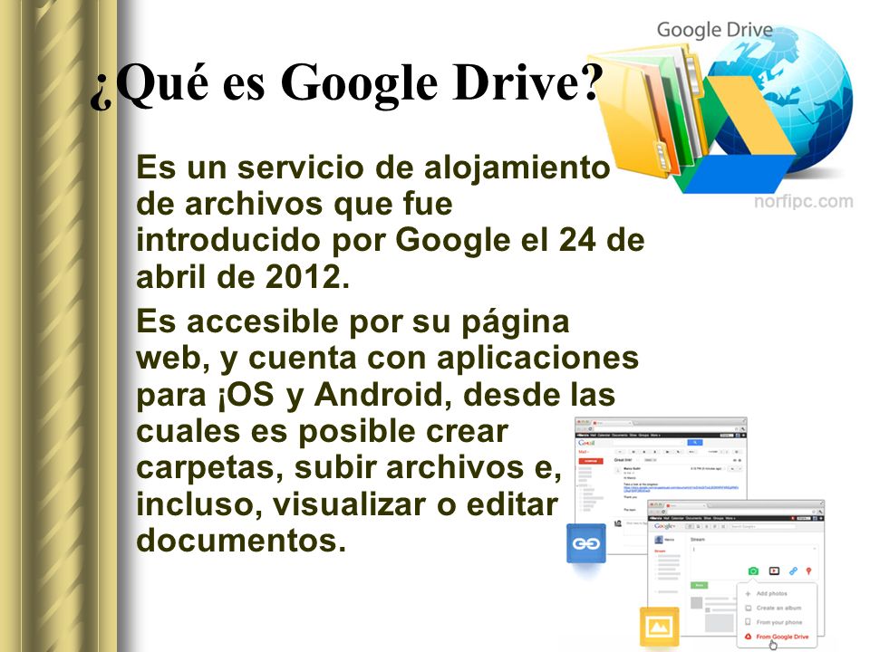 ¿Qué es Google Drive Es un servicio de alojamiento de archivos que fue introducido por Google el 24 de abril de