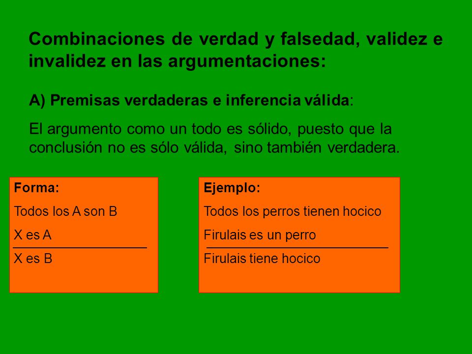 Combinaciones de verdad y falsedad, validez e invalidez en las argumentaciones: