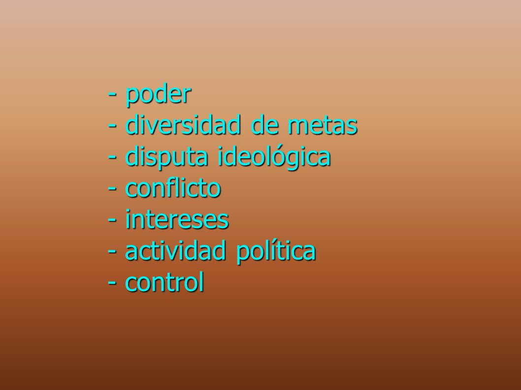 - poder - diversidad de metas - disputa ideológica - conflicto - intereses - actividad política - control