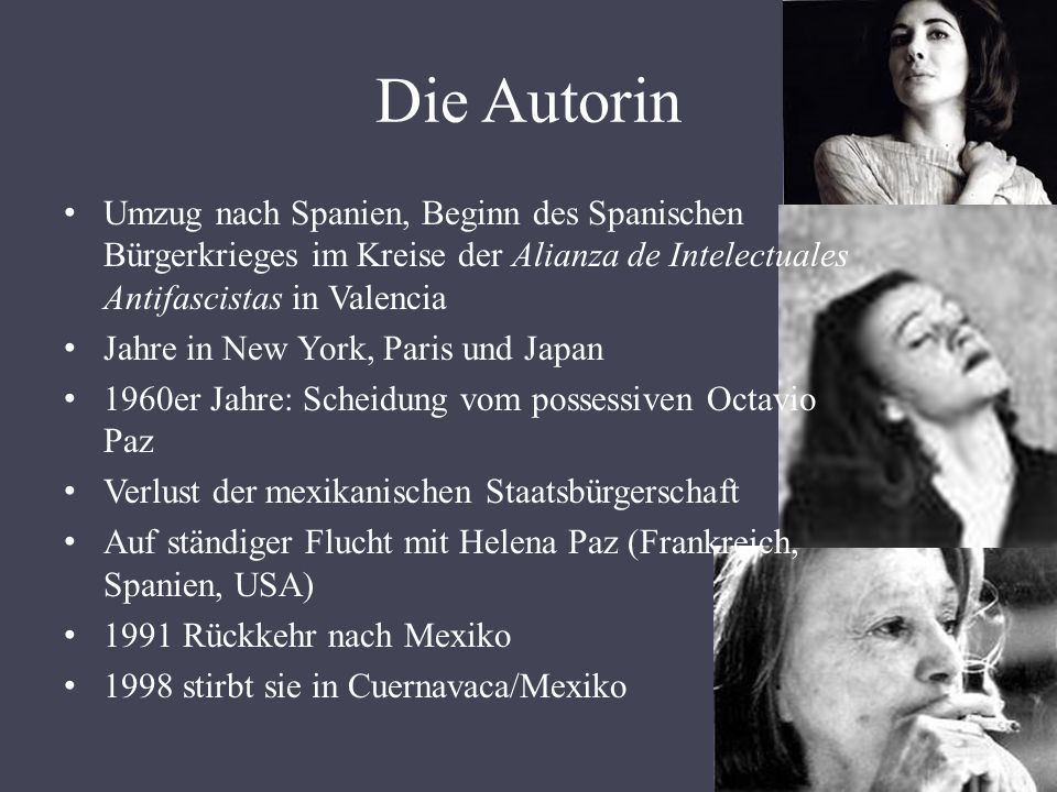 Die Autorin Umzug nach Spanien, Beginn des Spanischen Bürgerkrieges im Kreise der Alianza de Intelectuales Antifascistas in Valencia.