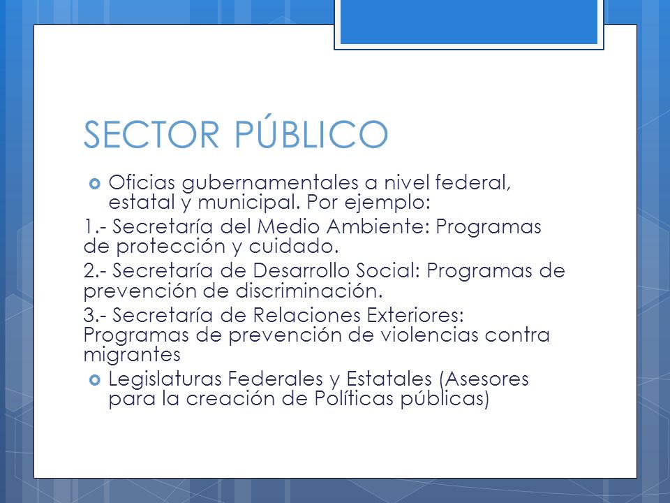 SECTOR PÚBLICO Oficias gubernamentales a nivel federal, estatal y municipal. Por ejemplo:
