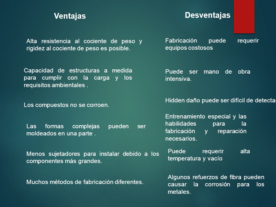Ventajas Desventajas. Alta resistencia al cociente de peso y rigidez al cociente de peso es posible.