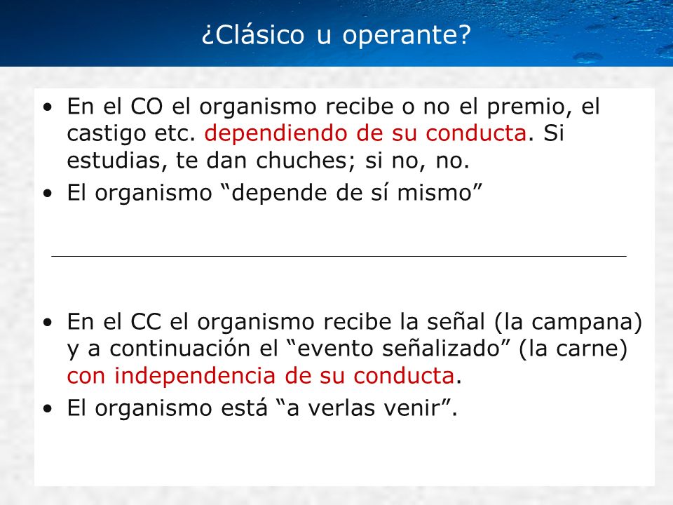 ¿Clásico u operante En el CO el organismo recibe o no el premio, el castigo etc. dependiendo de su conducta. Si estudias, te dan chuches; si no, no.