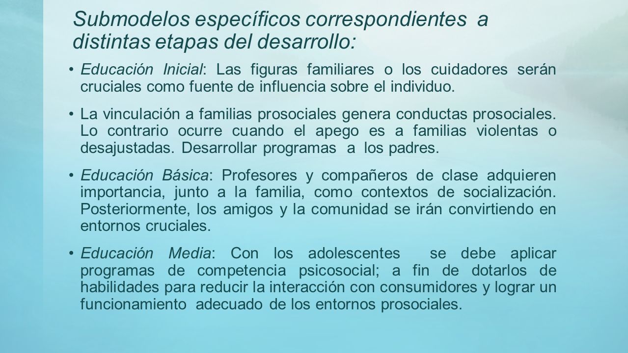 Submodelos específicos correspondientes a distintas etapas del desarrollo: