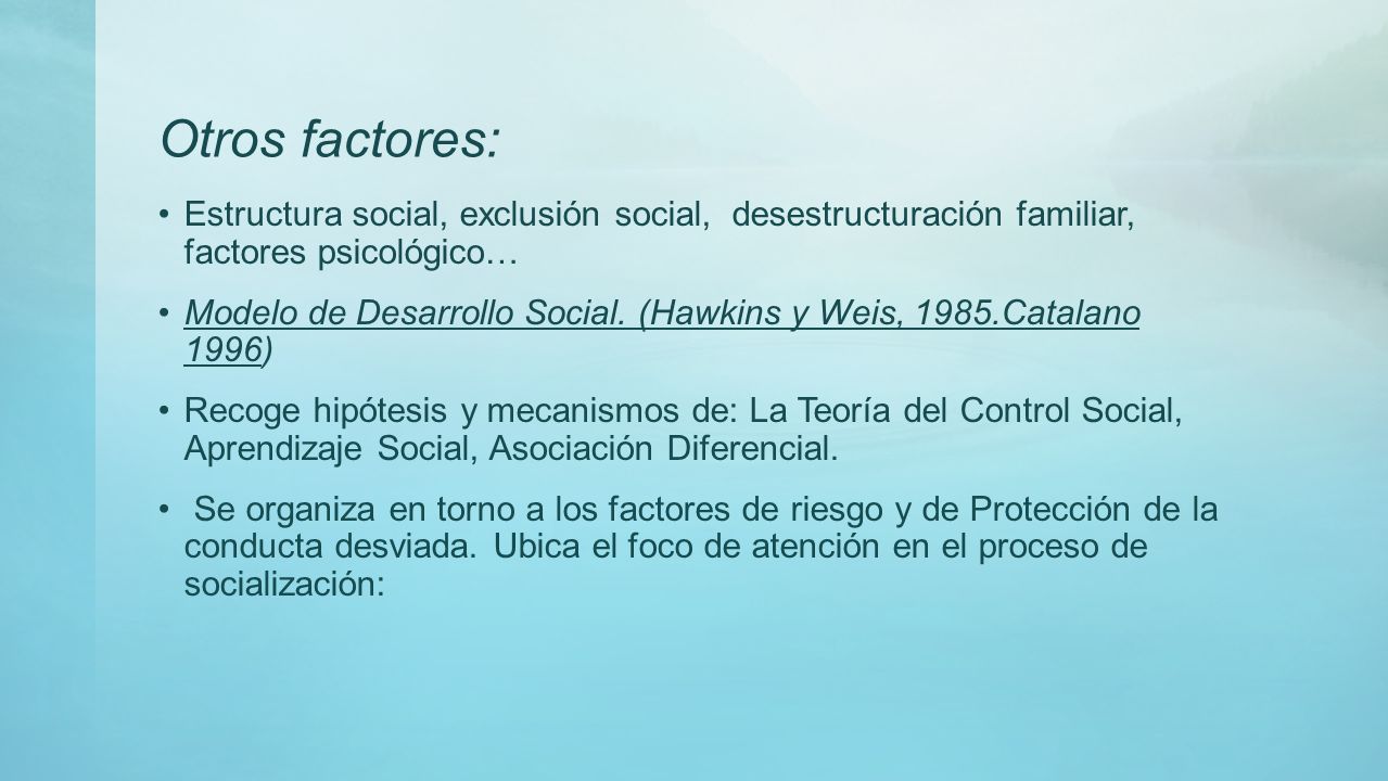 Otros factores: Estructura social, exclusión social, desestructuración familiar, factores psicológico…