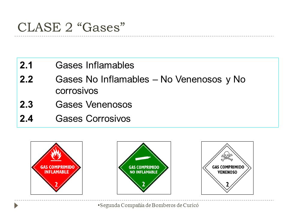 CLASE 2 Gases 2.1 Gases Inflamables 2.2 Gases No Inflamables – No Venenosos y No corrosivos 2.3 Gases Venenosos 2.4 Gases Corrosivos