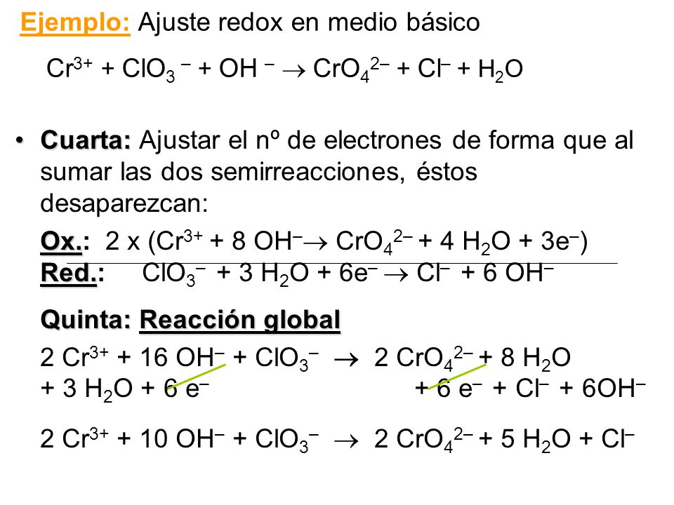 Ejemplo: Ajuste redox en medio básico Cr3+ + ClO3 – + OH –  CrO42– + Cl– + H2O