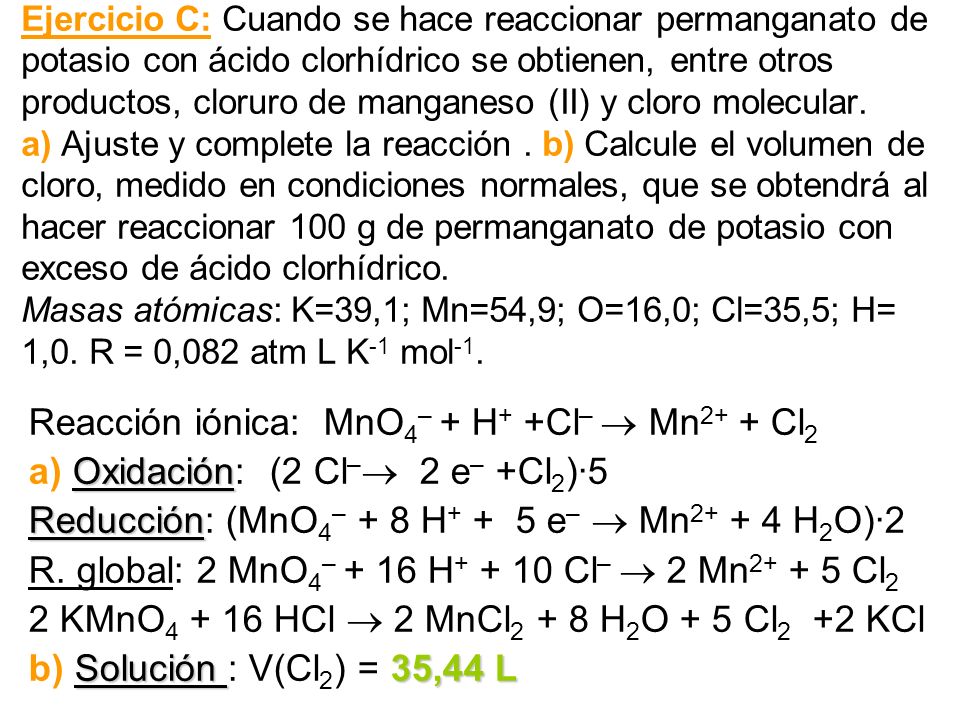 Reacción iónica: MnO4– + H+ +Cl–  Mn2+ + Cl2